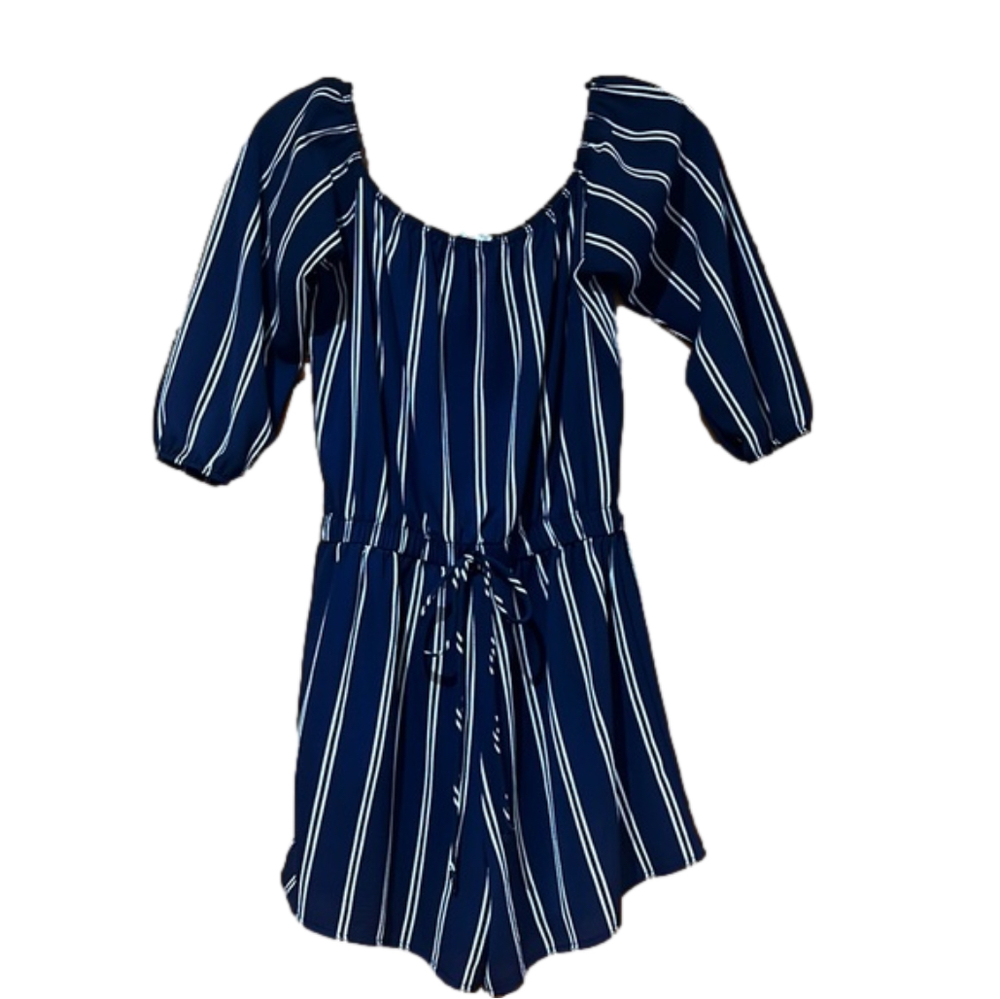 A'gaci Blue and White Striped Romper Women's Large